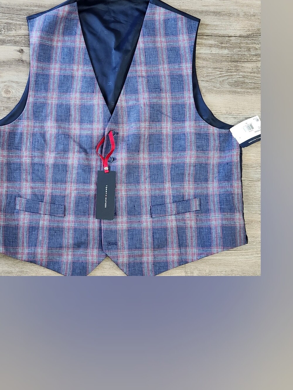 Tommy Hilfiger Mens Plaid Suit Vest Size XL NWT Blue Red 100% Linen